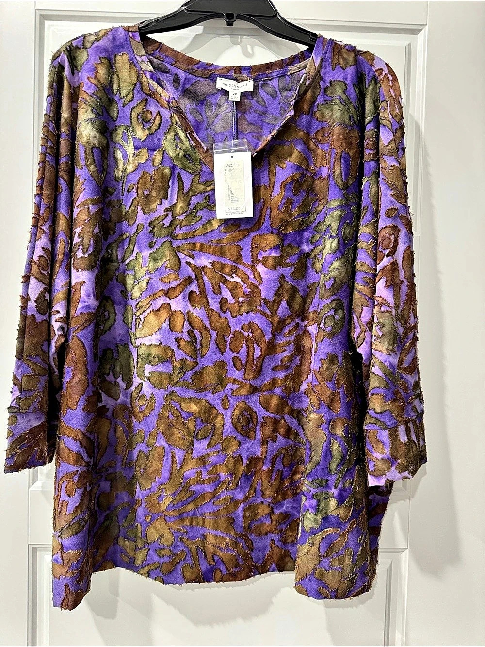 Westbound Abstract Long Sleeve Blouse in Purple & Brown Size 2X NWT